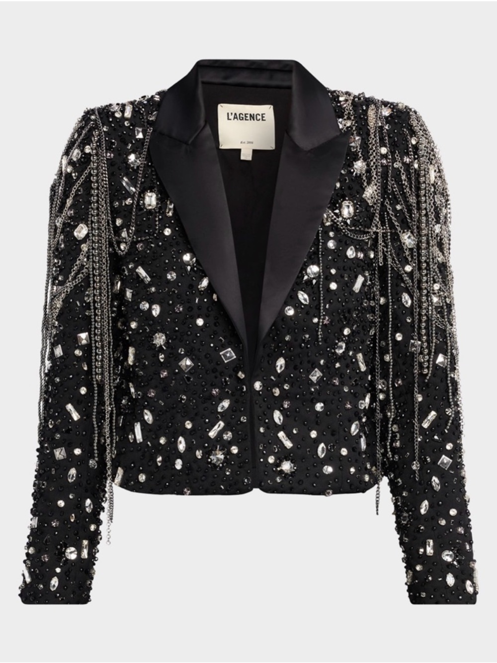 L'AGENCE Black Beaded & Chain-Embellished Cropped Blazer